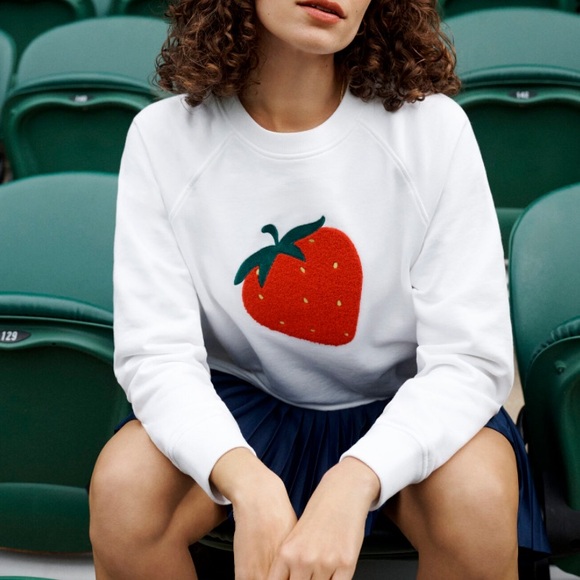 Wimbledon Tops - Wimbledon White Sweatshirt with Red Strawberry Graphic